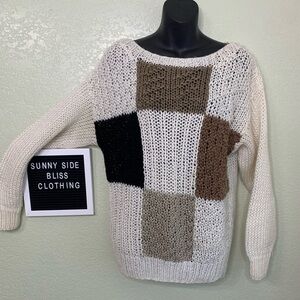 Vintage Multi Colored Checkered Knit Scoop Neck Sweater Size Medium